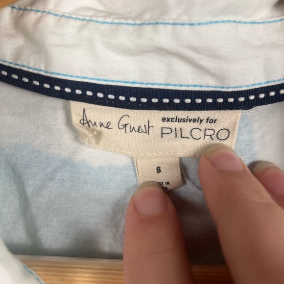 Anne Guest Pilcro Anthropologie Cyanotype Ruffle-Sleeve Buttondown Blouse size S - Picture 4 of 7